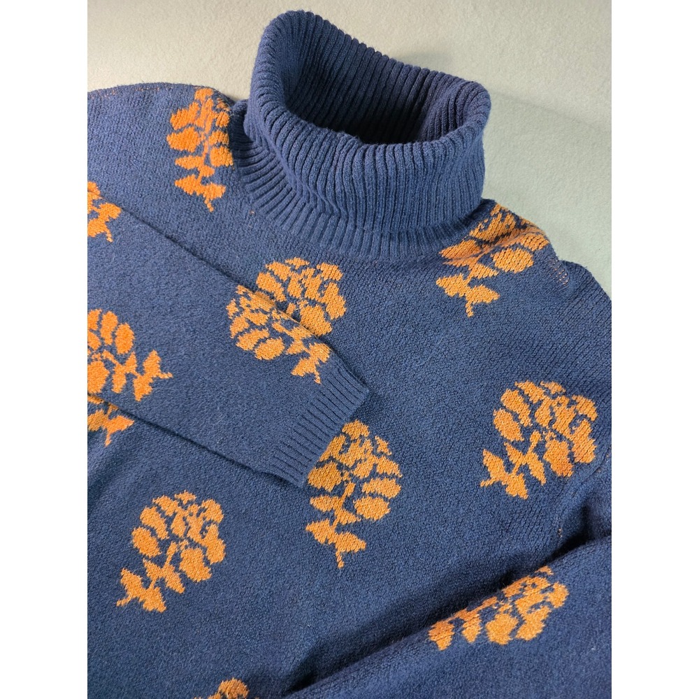 St Johns Bay Womens XL Turtleneck Sweater Blue Orange Floral Side Button Knit